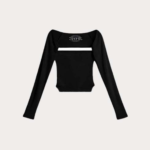 Black long-sleeve top with 'JOYFUL' branding on a light gray background